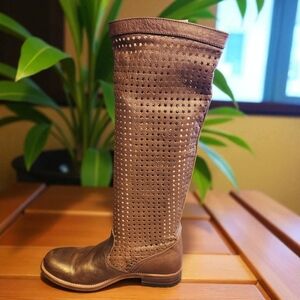 Sendra Perforated Metallic Cognac Leather Riding Boots Knee High Cowboy Sz 9